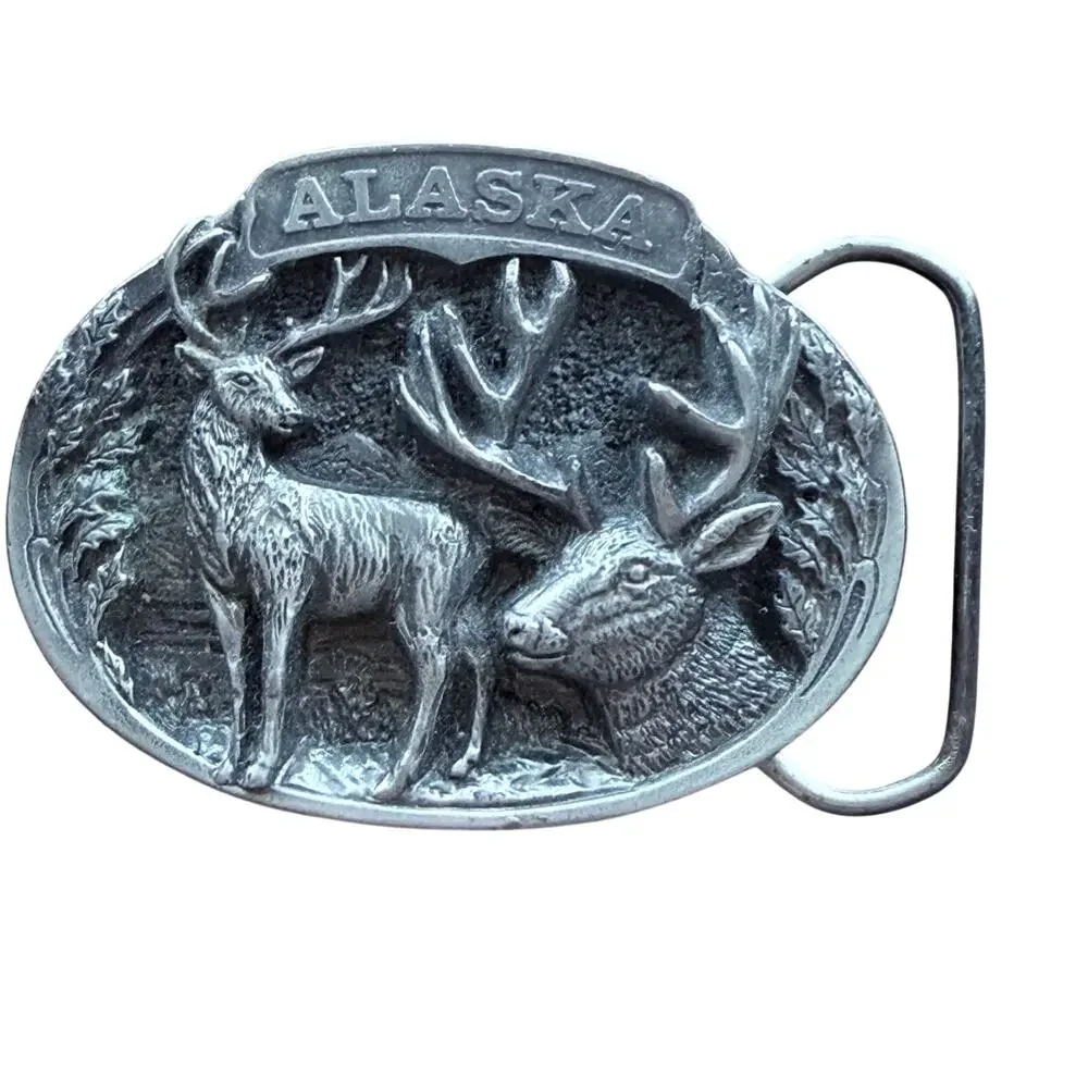 the great american belt co vintage Alaska belt buckle USA made deer doe pewter